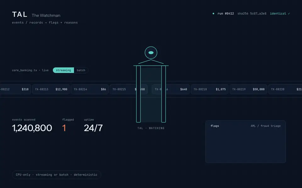 TAL watching a transaction stream and flagging a structuring pattern